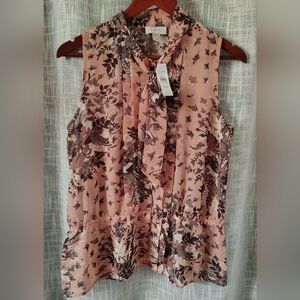 👚Ann Taylor Loft Sheer Sleeveless Floral Print Button-up MP Gray/Dusty Rose